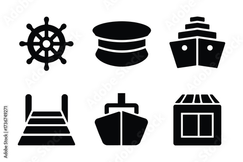 Nautical icons set featuring ship wheel captain hat cargo ship dock and building silhouettes
