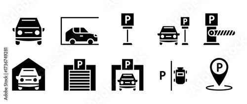 Conjunto de iconos de estacionamiento del vehículo. Parqueo, ubicación, zona, garaje y señal de estacionamiento. Ilustración vectorial