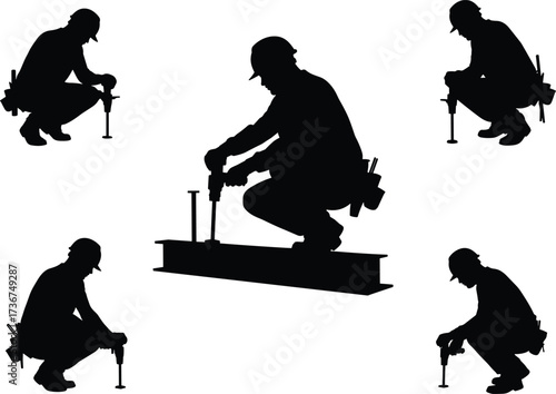 Silhouette construction workers drilling beams, fastening structure with tools, repair silhouettes, construction industry labor safety, maintenance teamwork and engineering building illustration