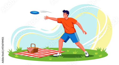 Man Throwing Frisbee Outside With Picnic Basket, Summer Activities During Leisure