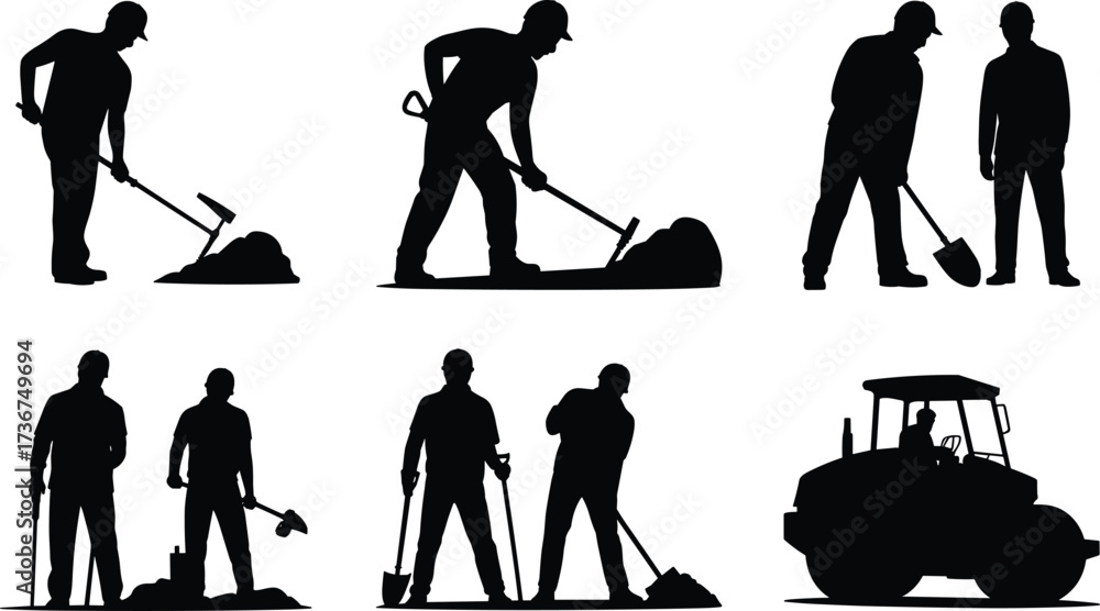 Obraz premium Silhouette construction workers digging with shovels, road work labor, excavation teamwork on site, heavy equipment machine, construction industry silhouettes, teamwork repair illustration