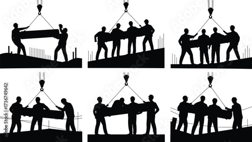 Silhouette construction workers lifting heavy load with crane, teamwork at construction site, building labor safety, industry silhouettes, teamwork repair and industrial work illustration