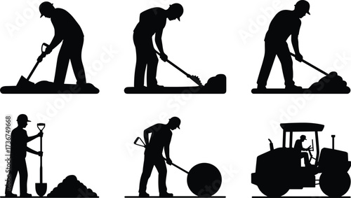 Silhouette construction workers with shovels digging soil, road repair labor, excavation teamwork, heavy machinery operator on site, construction industry silhouettes, building repair illustration