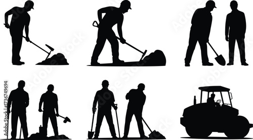 Silhouette construction workers digging with shovels, road work labor, excavation teamwork on site, heavy equipment machine, construction industry silhouettes, teamwork repair illustration