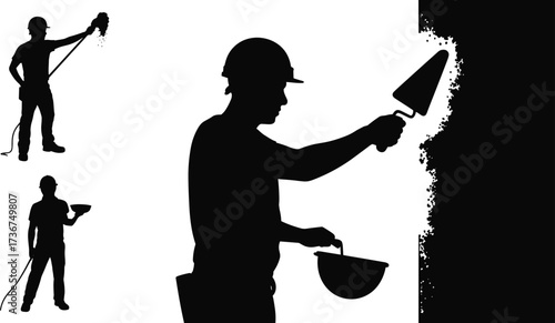 Silhouette construction worker plastering wall with trowel and bucket, manual labor job, industrial building work, plaster application, safety helmet worker, construction silhouettes