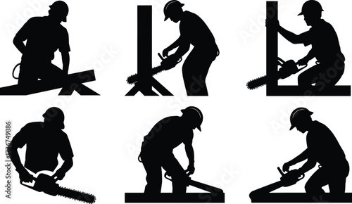 Silhouette of construction worker using chainsaw, cutting wood and beams, manual labor with power tool, industrial job, outdoor safety work, carpenter equipment silhouettes