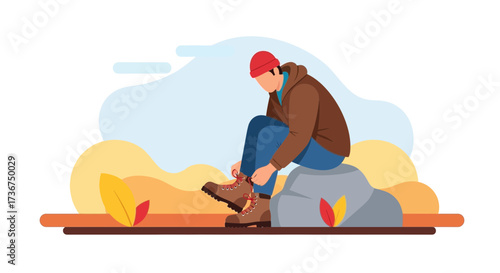 Man tying his boot laces before hiking in a minimalist vector style illustration