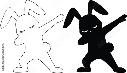 Two cartoon rabbits one in silhouette doing the dab dance isolated on white background