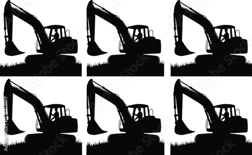 Silhouette of excavator with operator on grass, heavy machinery at work, digging, earth moving, outdoor construction site, industrial machine, building equipment silhouettes