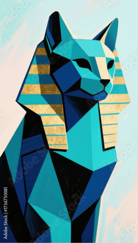 Flat color illustration of a sphinx cat in a pharaoh's robe on an abstract background. Vector graphics. EPS.