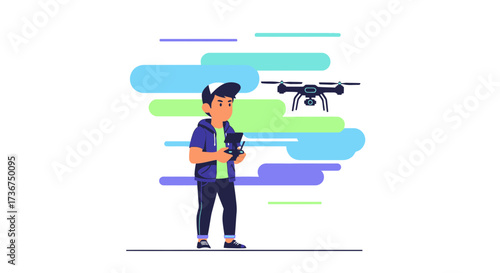 Man controlling a drone with a remote control vector illustration design graphic