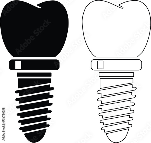Dental implant silhouette and outline comparison isolated on white background