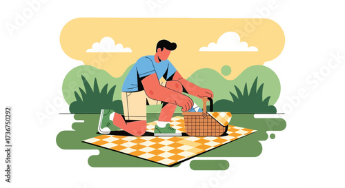 Man Unpacking Picnic Basket On Quilted Blanket In Park During Sunny Day