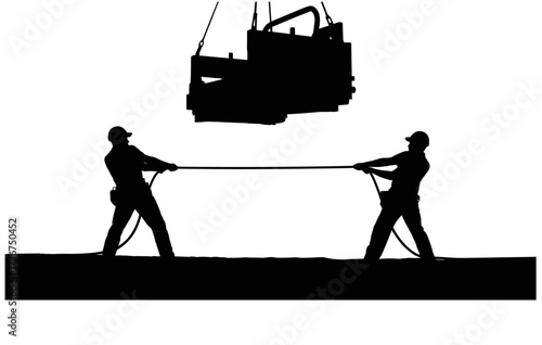 Silhouette of two construction workers pulling heavy load with rope, teamwork, safety helmet, industrial job, outdoor labor, building site, lifting equipment, worker silhouettes