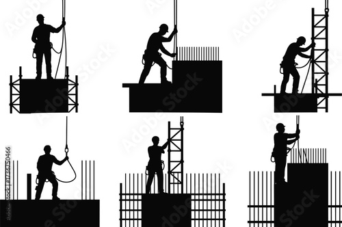 Silhouette construction workers on building site using ropes and safety harness, high rise structure, manual labor, teamwork, scaffolding job, industrial occupation, outdoor silhouettes