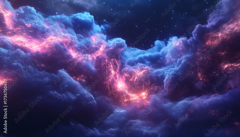 Fototapeta premium Pink and blue nebula clouds fill a dark night sky, illuminated by glowing energy and distant stars.