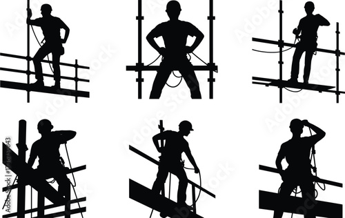 Silhouette construction workers on scaffolding with safety harness, industrial labor, high rise job, workplace safety, outdoor occupation, teamwork, building construction site, silhouettes
