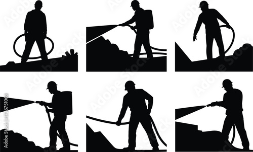Construction worker hose spraying silhouette set, builders with water jet, contractors dust suppression vector, laborers using hose pipe silhouettes, spraying concrete design pack