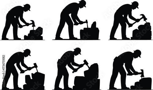Construction worker masonry silhouette set, stone breaker hammer vector, builder chiseling rock, demolition labor silhouettes, contractor with sledgehammer design pack