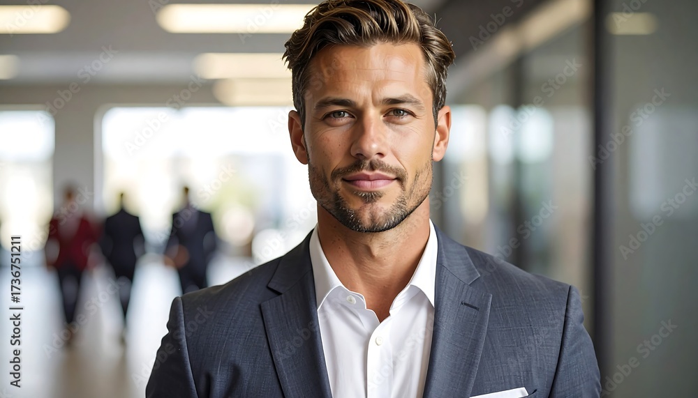 Fototapeta premium A confident man in a suit gazes directly at the camera, conveying professionalism and authority within a modern office environment.