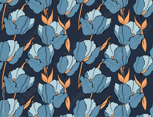 Seamless flower pattern. Abstract pattern. Textile print pattern. Indigo color.
