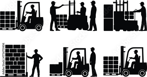 Forklift operator and warehouse worker silhouette set, construction logistics team, heavy equipment with cargo, industrial warehouse labor vector design pack