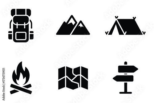 Camping adventure icons set backpack mountains tent campfire map signpost for outdoor exploration