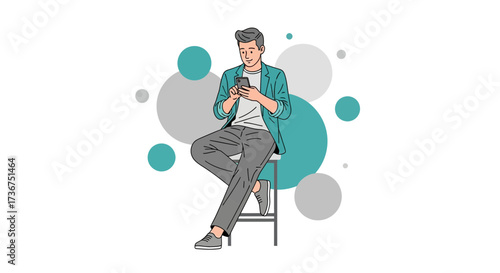 Man using a smartphone while seated on a stool with abstract background design