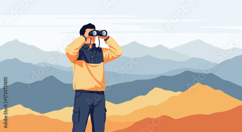 Man using binoculars observing landscape and mountains with digital illustration style