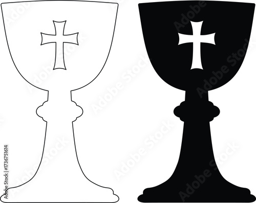 Religious chalice and cross silhouette isolated on white background