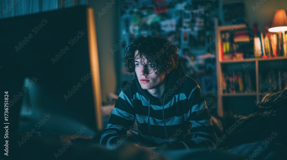 Fototapeta premium A young person focused on a computer screen in a dimly lit room, engrossed in something