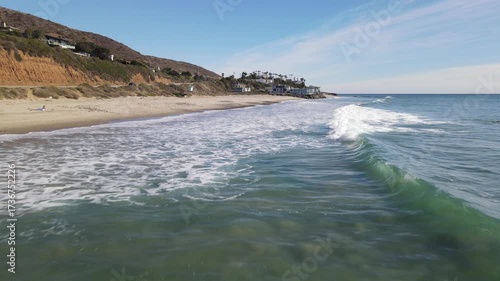 Aerial drone view of County Line Beach near Malibu, Los Angeles California, show ocean waves and the beautiful Pacific Coastline