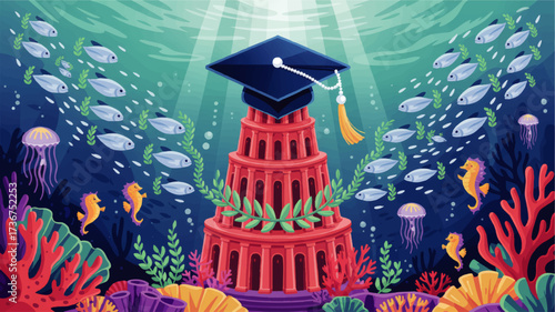 Underwater Ancient Temple with Graduation Cap, Marine Life, Coral Reef and School of Fish, Educational Symbol, Vector Illustration