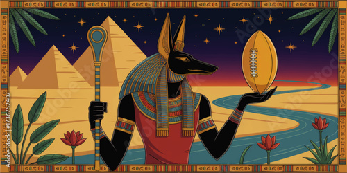 Ancient Egyptian Anubis with Football – Surreal Vector Illustration, Pyramids, Nile River, Stars, and Hieroglyphic Border