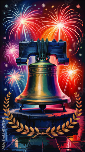 Vibrant Liberty Bell Illustration with Fireworks and Laurel Wreath – Patriotic American Celebration Art, Independence Day Concept