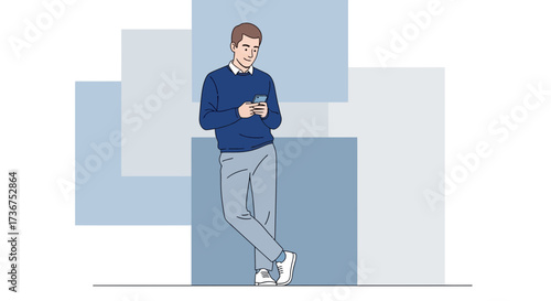 Man using smartphone in a modern graphical presentation with color background art