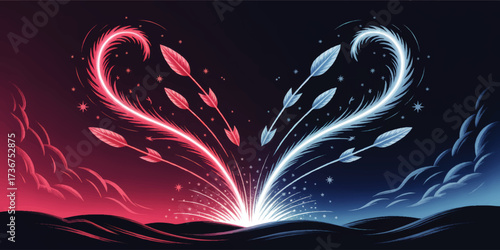 Vibrant Red and Blue Fantasy Fireworks Exploding Over Landscape, Surreal Night Sky With Arrows and Stars Illustration