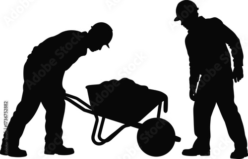 Construction workers with wheelbarrow silhouette, builder teamwork load handling, contractor moving concrete illustration, laborers transporting material silhouettes, foundation worker design