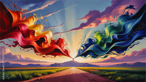 Vibrant Abstract Landscape with Surreal Colorful Ribbons, Dynamic Sky, Sunset Horizon, and Dramatic Light