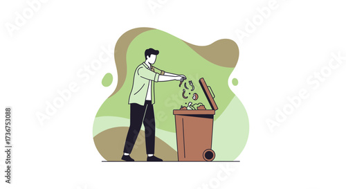 Man Disposing Waste in Garbage Bin, Environmental Illustration, Flat Design, Vector Art
