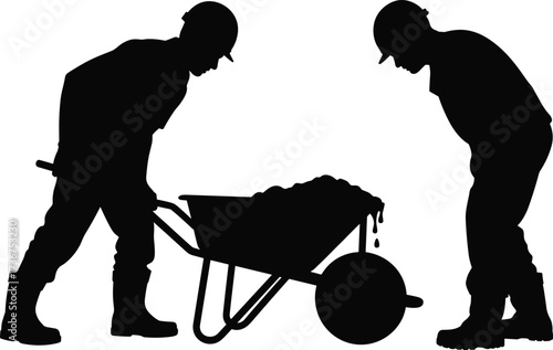 Construction workers with wheelbarrow silhouette, builder pushing concrete load, teamwork labor illustration, contractor wheelbarrow silhouette, cement mixing worker design