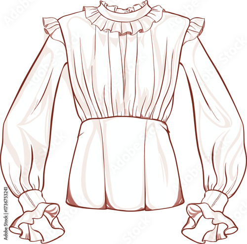 Women’s blouse fashion CAD vector, technical flat sketch front view, high ruffled neckline, puff long sleeves with ruffle cuffs, pleated fitted waist