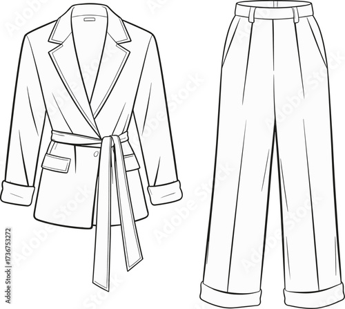 Women’s tailored blazer, high waisted trousers, fashion CAD sketch, technical flat drawing, vector illustration, garment construction, professional outfit design, apparel template
