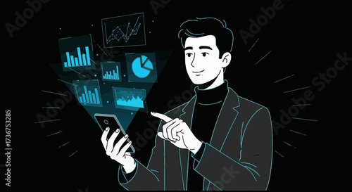 Man using smartphone with data analysis visualization interface for business insights visualization