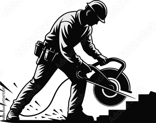 Construction worker cutting with power saw silhouette, builder using circular saw tool, industrial cutting worker illustration, contractor with heavy equipment silhouette design