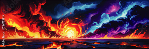 Dramatic fiery landscape with molten lava, colorful storm clouds, and cosmic sky in vibrant fantasy digital art illustration
