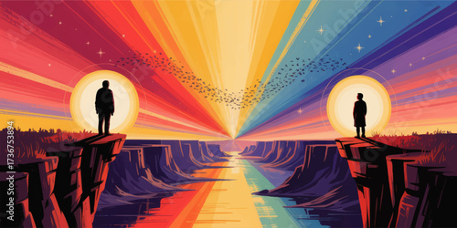 Surreal Abstract Sunset Landscape with Two Silhouetted Figures Facing Each Other Across Canyon, Vibrant Colors, Hope and Connection