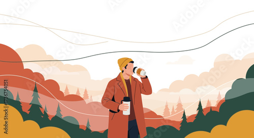 Man Drinking Coffee in Nature Illustration, Autumnal Outdoors Scene with Forest