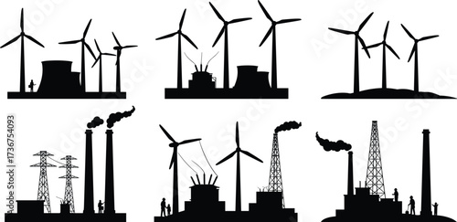 Energy production silhouettes, wind turbine vector, nuclear plant illustration, fossil fuel facility, technical flat drawing, hybrid power infrastructure, industrial energy design