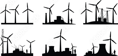 Energy production silhouettes, wind turbine vector, industrial plant illustration, technical flat drawing, hybrid power facility, renewable energy, fossil fuel infrastructure